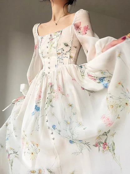 vmtvr Summer French Floral Midi Dress Elegant Chiffon Long Sleeve Party Dress Woman Beach Evening Fairy One Piece Dress Korean