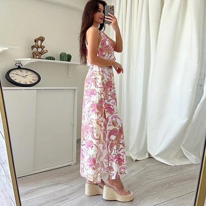 vmtvr Sexy Halter Elastic Waist Boho Long Dress Women Spring Pattern Print Side Slit Party Dress Summer Off Shoulder Hollow Maxi Dress