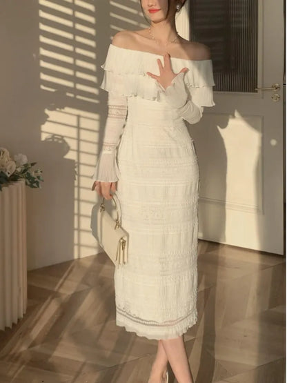 White Elegant Vintage Midi Dress Women Ruffles Sexy Beach Party Bodycon Dress Female Silm One Piece Dress Korean 2024 Summer Y2k