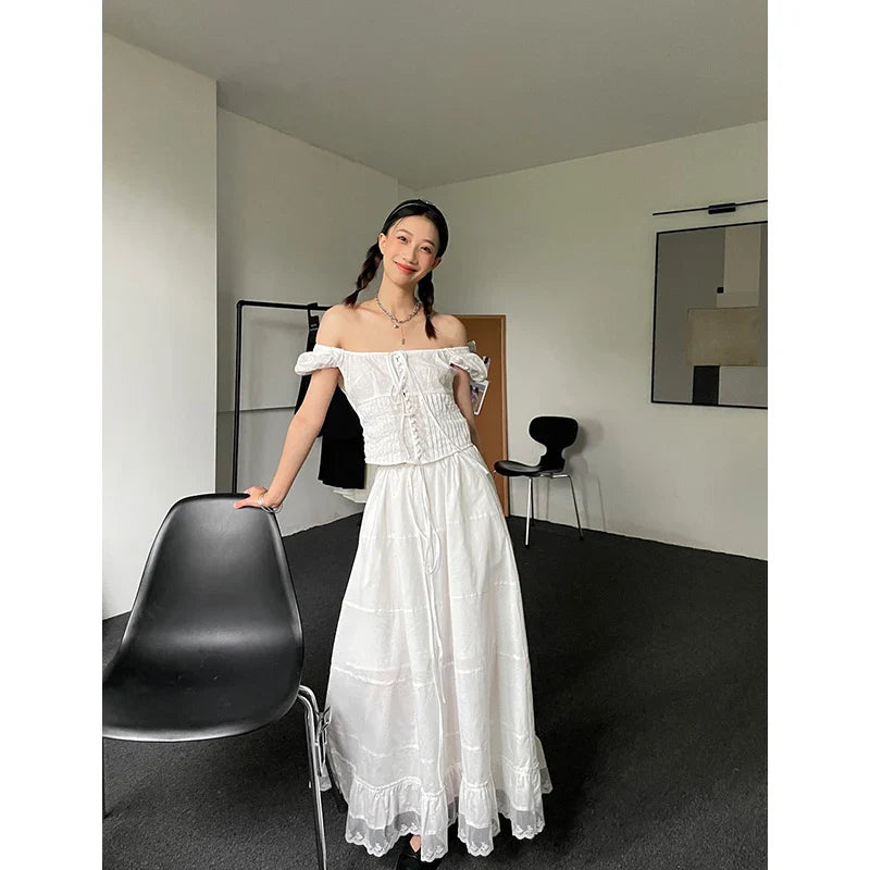 vmtvr  -  Summer French Sweet Long Dress Lace Splicing Skirts for Woman New Niche Drawstring A-line Skirt Female Faldas White Mujeres