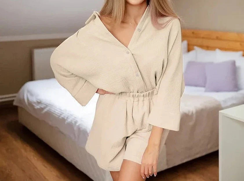 vmtvr Summer Homewear Shorts Sets Women Lapel Long Sleeve 2 Pieces Outfit Summer Elastic Waist Straight Shorts Women Suit