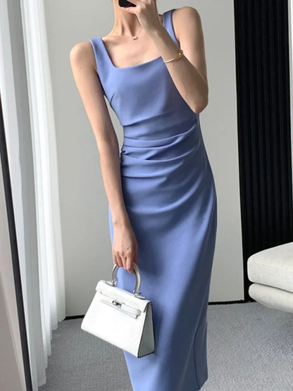 vmtvr New Spaghetti Strap Elegant Bodycon Midi Women Summer Party Dress Sleeveless Slim Vintage Sexy Sundress Female Fashion Robe