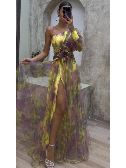 vmtvr - Elegant Tie-dye Print Dress Women  Fashion Oblique Shoulder Pleated Long Dresses 2023 Summer Autumn Lady Party Evening Vestidos