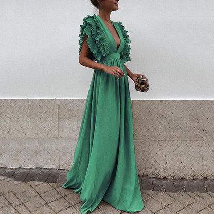 vmtvr Formal Party  Dress Women Deep V-Neck Long Dress Elegant Flying Sleeves Backless Maxi Evening Dresses Robe De Soiree