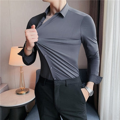 New High Elasticity Seamless Men's Shirt Long Sleeve Slim Casual Shirt Solid Color Business Formal Dress Party Shirts 4XL-M