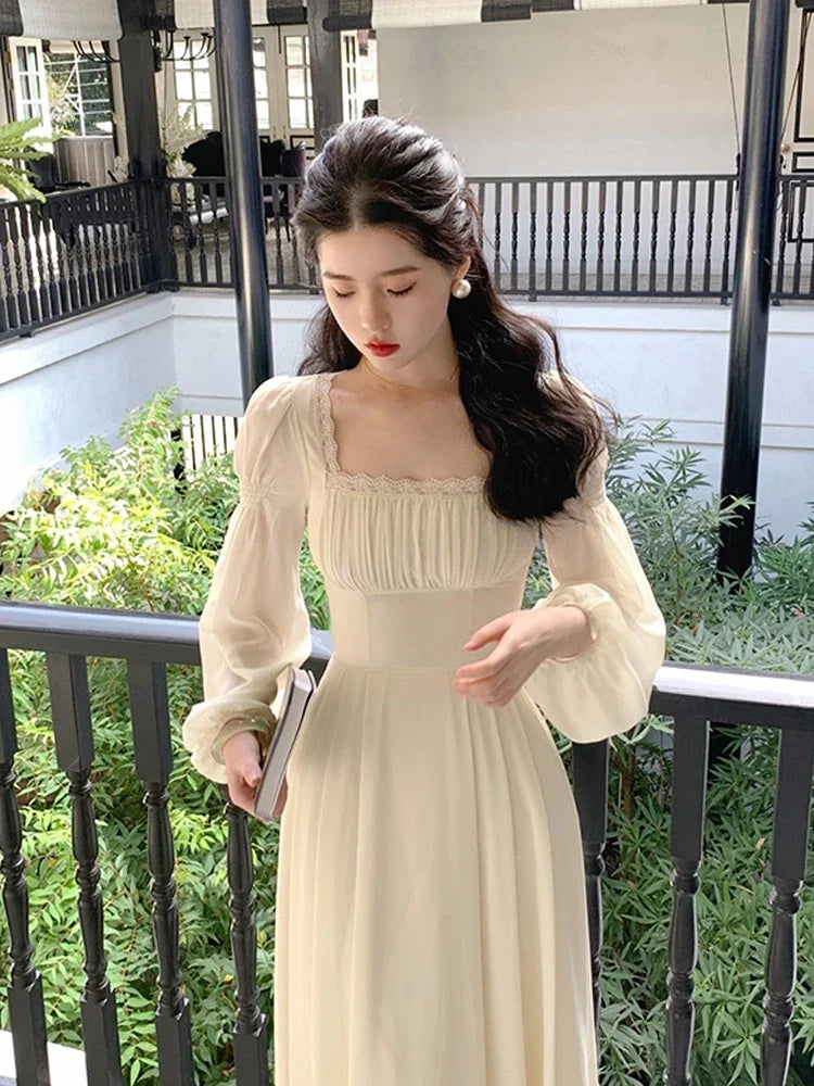 2024 Spring French Elegant Solid Midi Dress Woman Long Sleeve Fairy Party Dresses Casual One Piece Dress Korean Female Fashion