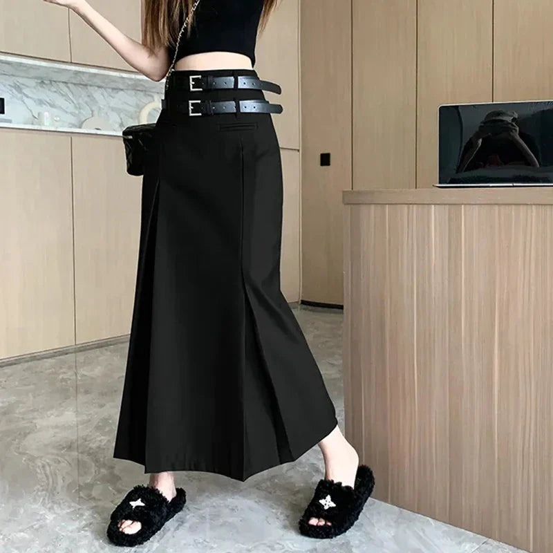 vmtvr Women Double Belt Suit Skirts Korean Fashion High Waist Midi Skirt Y2K Casual All Match Female Slim Fit Black Skirts Summer New