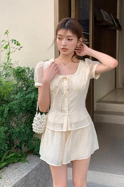 vmtvr 2024 Summer New French Square Collar Short-sleeved Shirt Women A Line Skirt Shorts Texture Fashion Suit