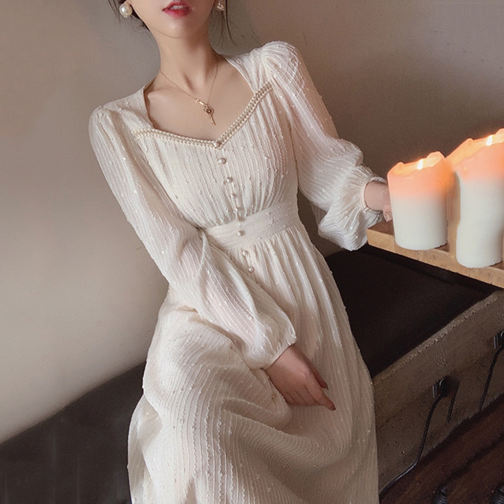 vmtvr -  Summer New Women Fashion Elegant White Midi Dresses Vintage Princess Female Party A Line Clothes Vestdios