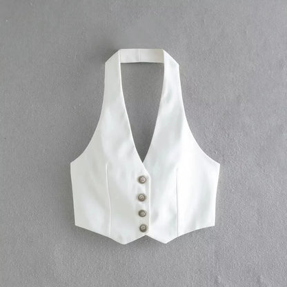 vmtvr White Summer Crop Top Woman Halterneck Vest Sleeveless Jackets Waistcoat Fashion Elegant Vintage Chic Stylish Slim Casual Basic