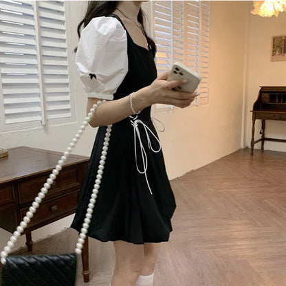 vmtvr Puff Sleeves Women Dress French Patchwork Hepburn Style Mini Dress Y2K Female Fashion Elegant Party Dresses Summer New