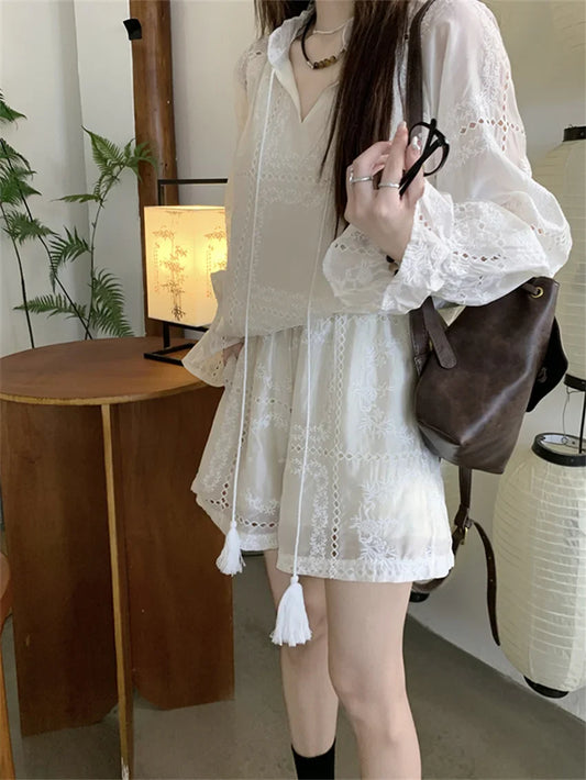 vmtvr White Women Suits Hollow Out Flare Full Sleeve Blouses Summer Office Wear Sweet Casual New OL Wide Leg Loose Shorts