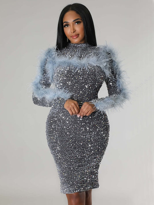 Luxury Evening Dresses for Women Elegant Long Sleeve Backless Sequins Feathers Bodycon Package Hip Night Club Party Dress