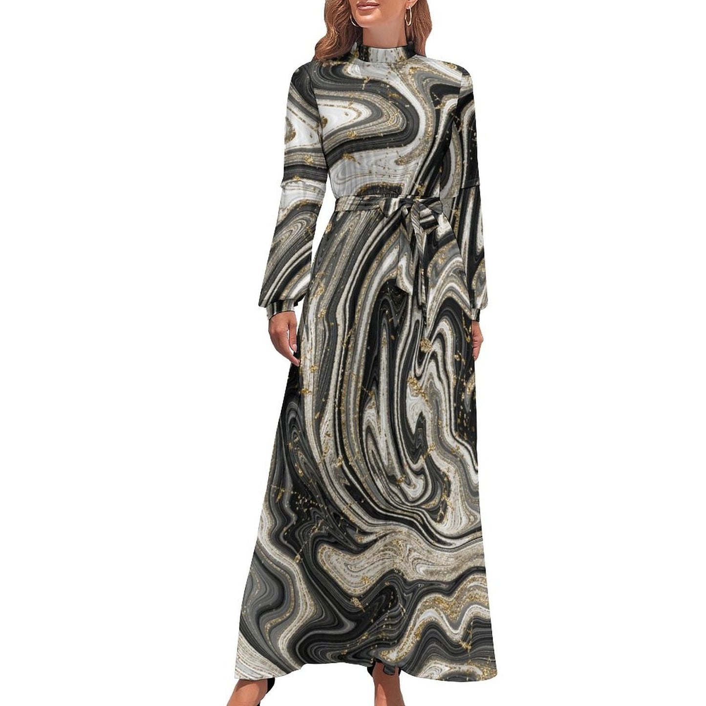 Marble Print Dress Watercolor Flow Abstract Aesthetic Bohemia Dresses Female Long Sleeve High Neck Sexy Long Maxi Dress