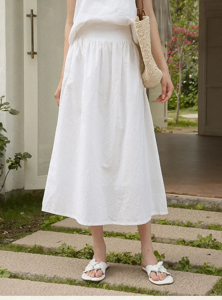 vmtvr French Retro Cotton Linen Women Skirt Summer High Waist Loose Casual Breathable Skirts Korean Fashion