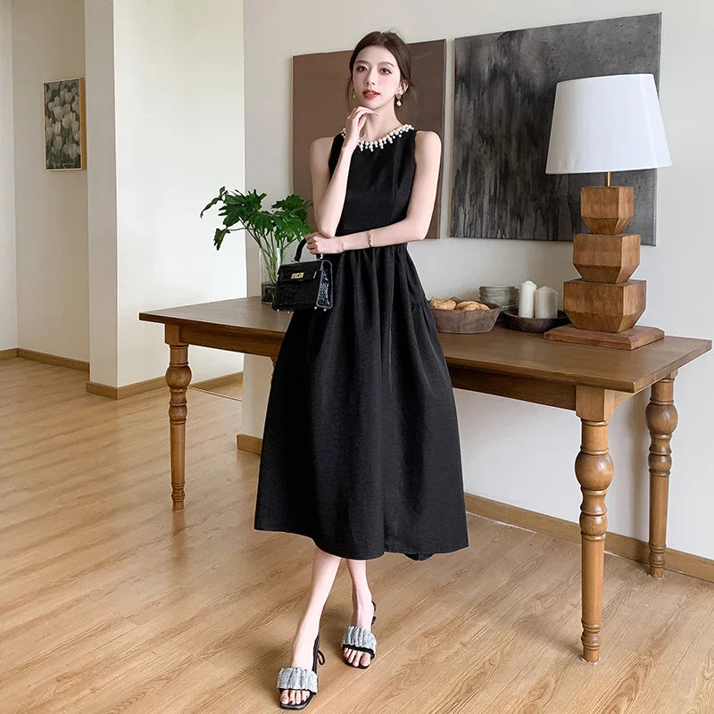 vmtvr  -  Elegant Black Midi Dress for Women Summer New Fashion Sleeveless A-line Pleated Solid Office Casual Korean Female Clothing