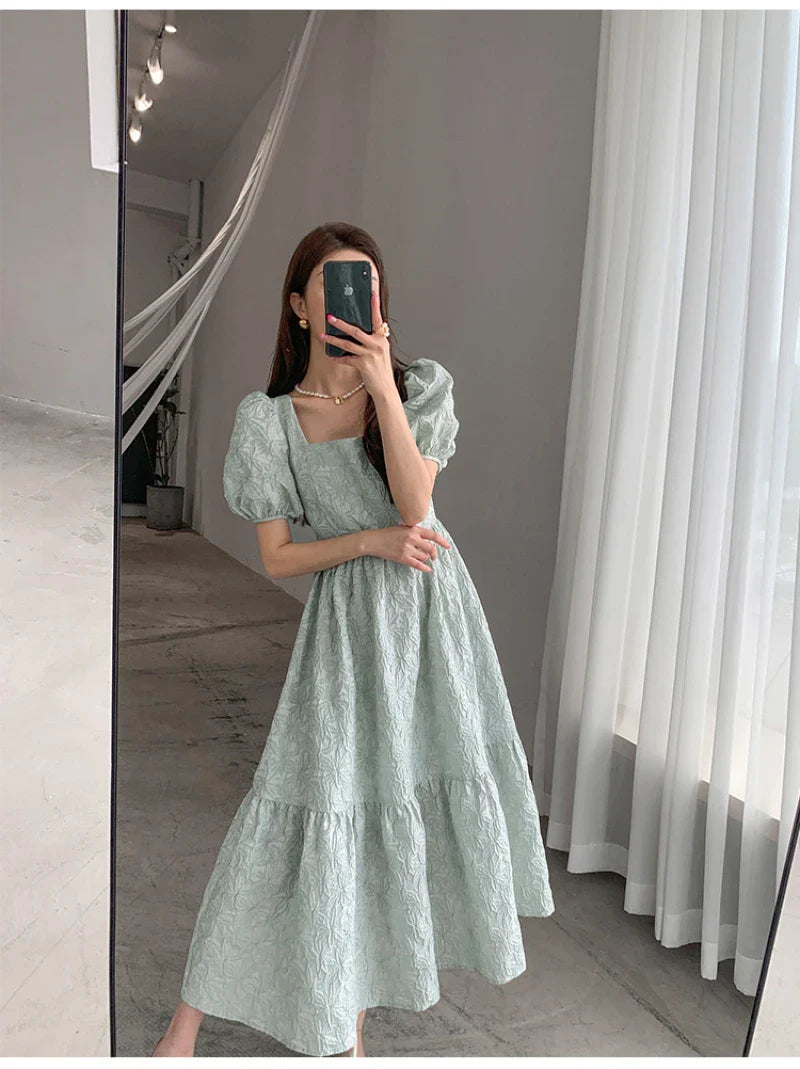 vmtvr  -  French Vintage Green Dress Women Elegant Square Collar Puff Sleeve Jacquard Backless Midi Dress Ladies Retro Chic Korean Clothes