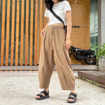 vmtvr 95% Cotton Summer Harajuku Casual Elastic Waist Ankle-length Women Pants Simple Streetwear Loose Pockets Solid Color Harem Pants