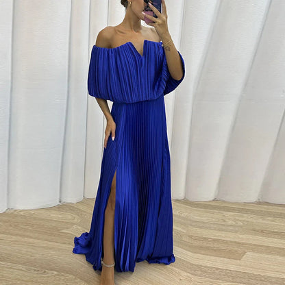 vmtvr Spring Strapless Folds Pleated Long Maxi Dress Women Off Shoulder High Waist Split Party Dress Summer Backless Hollow Boho Dress