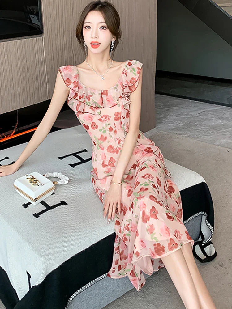 vmtvr Korean Fashion Floral Chiffon Ruffled Sling Long Dress Women Summer Elegant Casual Holiday Beach Dress 2024 Chic Luxury Vestidos