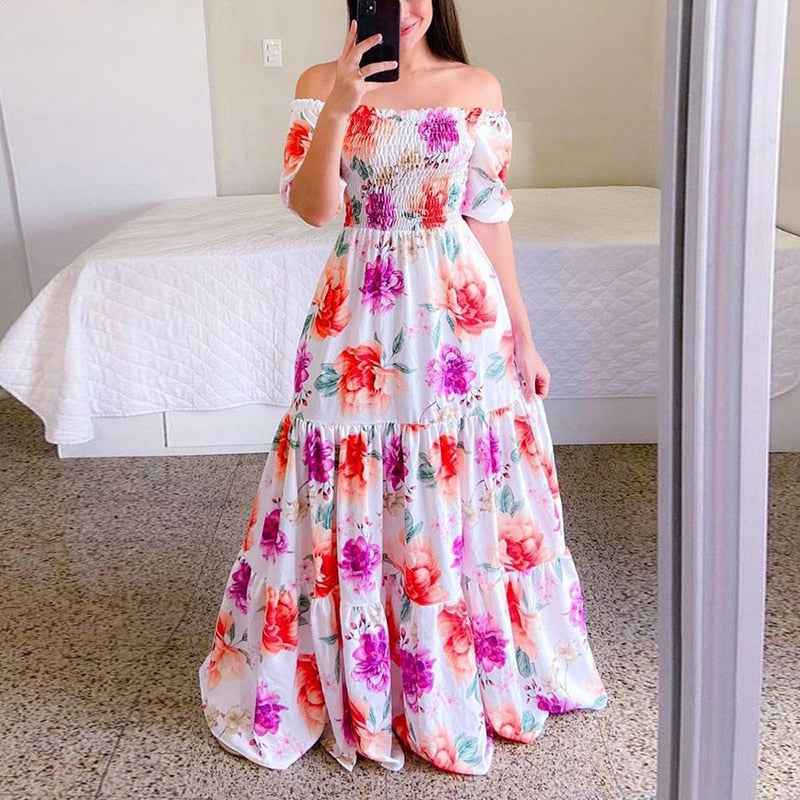 vmtvr Sexy Off The Shoulder Tube Top Dress Butterfly Rainbow Floral Print Dress Ladies Elegant Slim Summer Bohemian Party Maxi Dresses