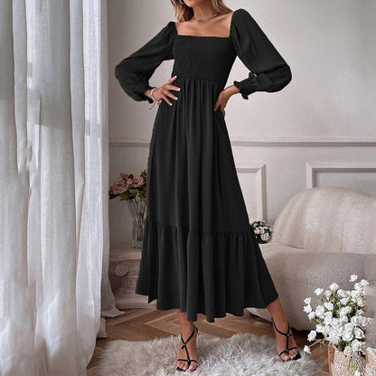 Women Maxi Dress Fashion Square Neck Long Flare Sleeve Nipped Waist Slim Ruffle Party Evening Dresses High Streetwear