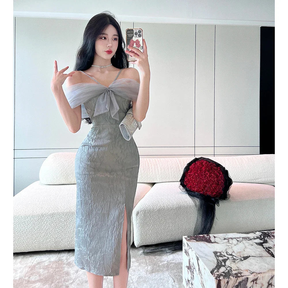 vmtvr 2024 New Jacquard Patchwork Bow Mesh Midi Dress Summer Fashion Sling Dress Women Korean Elegant Bodycon Luxury Festival Dresses