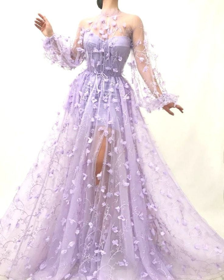 vmtvr Women&#39;s Fashion 3D Flower Embroidered Mesh Tulle Dress Party Night Nightclub Purple Gauze Evening Prom Dress Female See Through