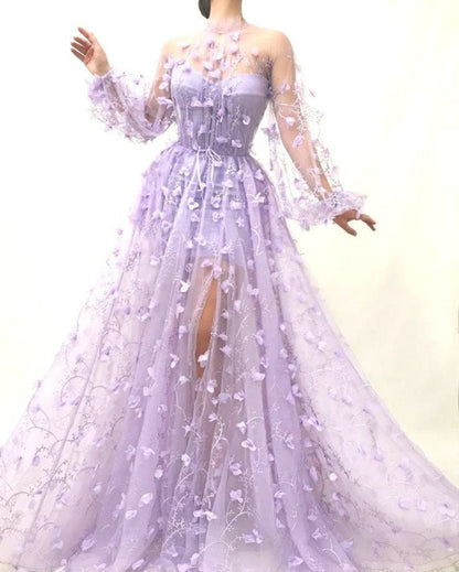 vmtvr Women&#39;s Fashion 3D Flower Embroidered Mesh Tulle Dress Party Night Nightclub Purple Gauze Evening Prom Dress Female See Through