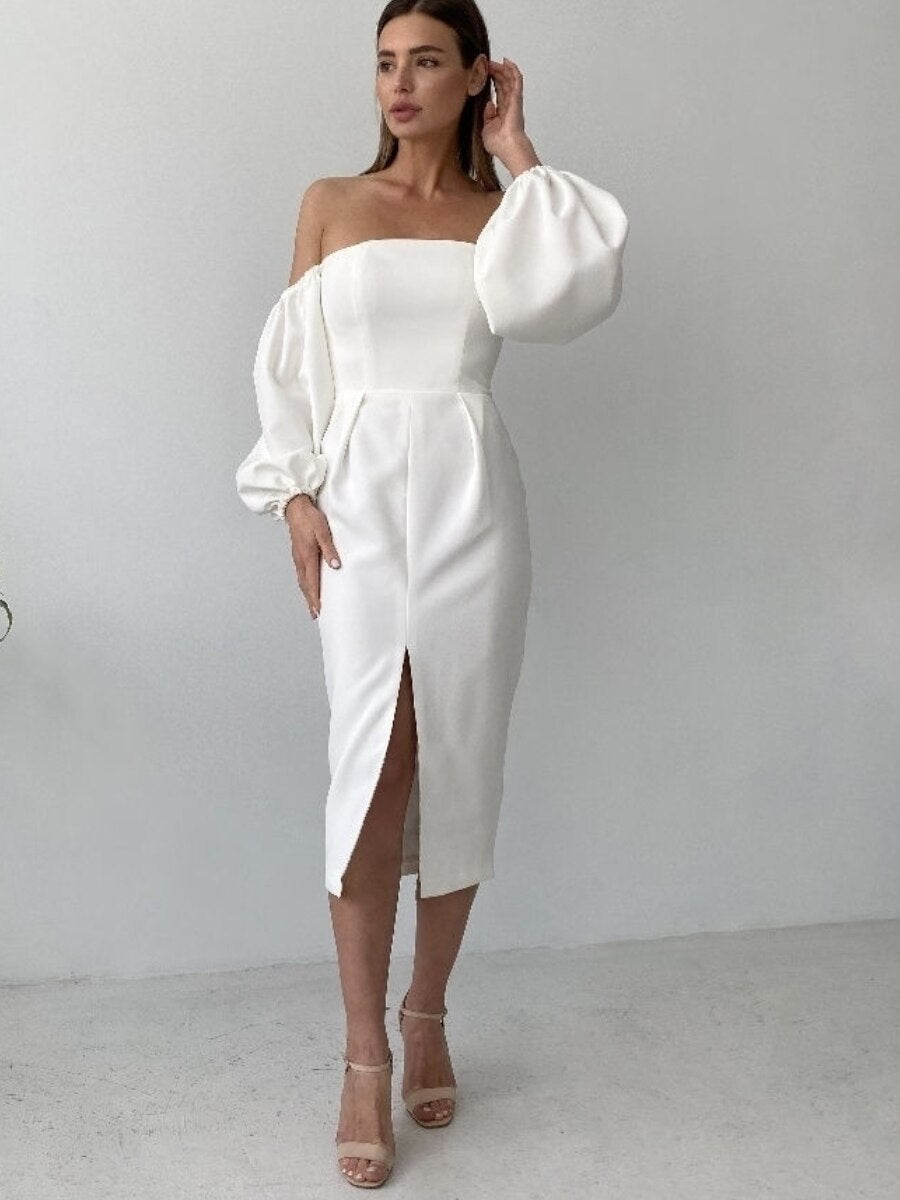 White Party Dress Women Puff Sleeve Slash Neck Straight Female Clothing 2023 High Waist Midi Length For New Year