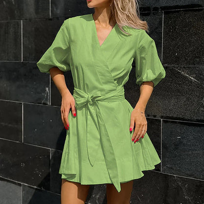 vmtvr 2024 Spring Sexy V-neck Lace-up A-Line Dress Women Casual Puff 3/4 Sleeve Solid Mini Dress Summer Elegant Pleated Party Dresses