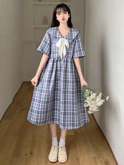 vmtvr Japan Sweet Sailor Collar Plaid Dress Women Fashion Preppy Style Cute Bow Short Sleeve Midi Dress Summer Lace Up Vestidos