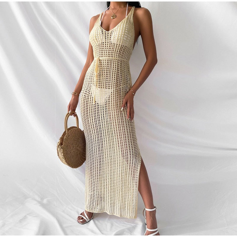 New Sexy Hollow Fishnet Mesh Maxi Knit Dress Women Party Club See Through Bodycon Long Dresses Summer Beach Holiday Outfits