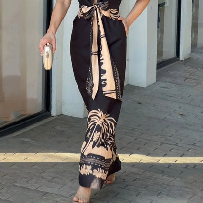 Women Maxi Dress Summer Casual Puff Sleeve V Neck Nipped Waist Slim Lace Up Print Long Skirt  Party Dresses Streetwear