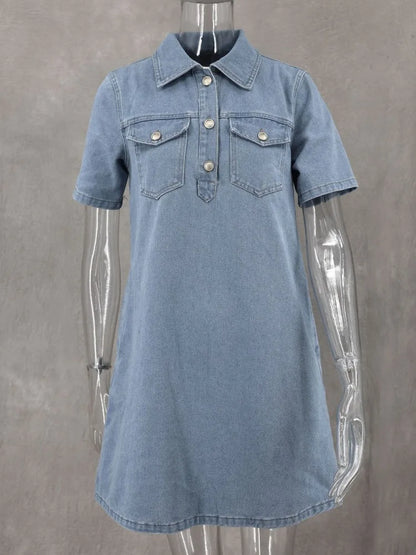 vmtvr Summer Blue Denim Mini Dress Women Fashion Turn-down Collar Loose  A-line Dress 2024 Short Sleeve Casual Dress Streetwear