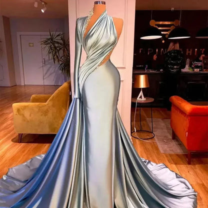 vmtvr  -  Classic fashion mermaid single rotator cuff pleated sexy bag hip floor-length evening dress Celebrity robe Formal occasion party