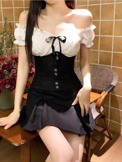 vmtvr Elegant 2 Piece Dress Set Women Casual White Kawaii Blouse Female High Waist Y2k Black Skirt Slim Lolita Clothing Summer