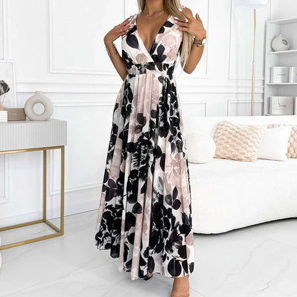 vmtvr  -  Elegant Deep V-neck Backless Bohe Party Dress Women Casual Sleeveless Pleated Long Dress Fashion Pattern Printed Vacation Dress