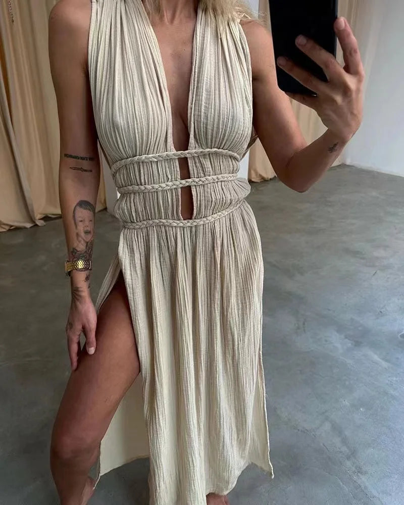 vmtvr 2024 Deep V-Neck Sexy Bohemian Party Dress Women Summer Loungewear Sleeveless Maxi Dress Hollow Out Solid Ladies Dress Vestidos