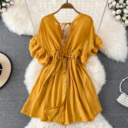 Spring Summer Boho Mini Dress for Women Deep V-Neck Ruffles Draw String Female Short Robe Sexy Draped Beach Vacation New In Chic