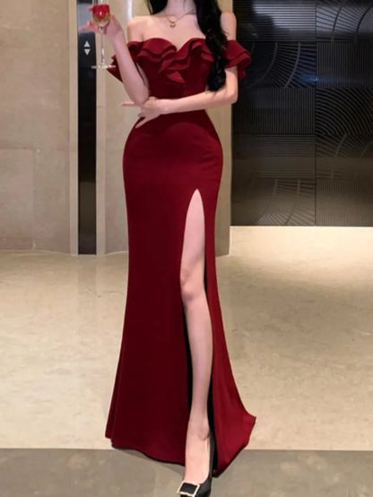 vmtvr Sexy Bodycon Long Dresses for Women Wedding Evening Party Prom Robe Ruffles Slash Neck High Split Hollow Out Summer New Vestido