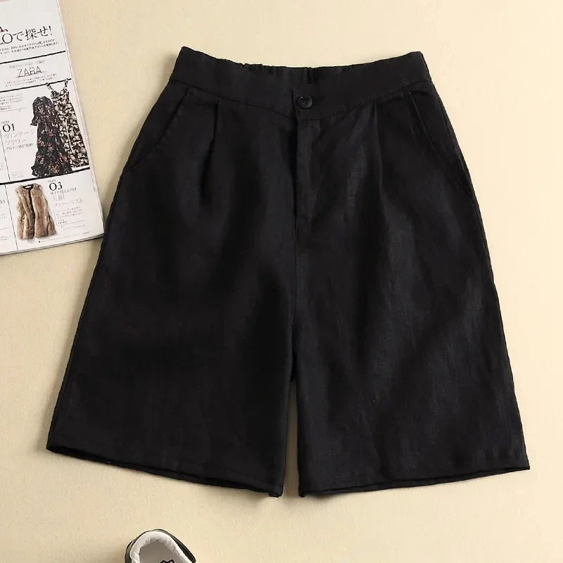 vmtvr Khaki Solid Casual Linen Cotton Elastic High Waist Wide Leg Button Loose Women's Shorts Korean Fashion Summer Shorts