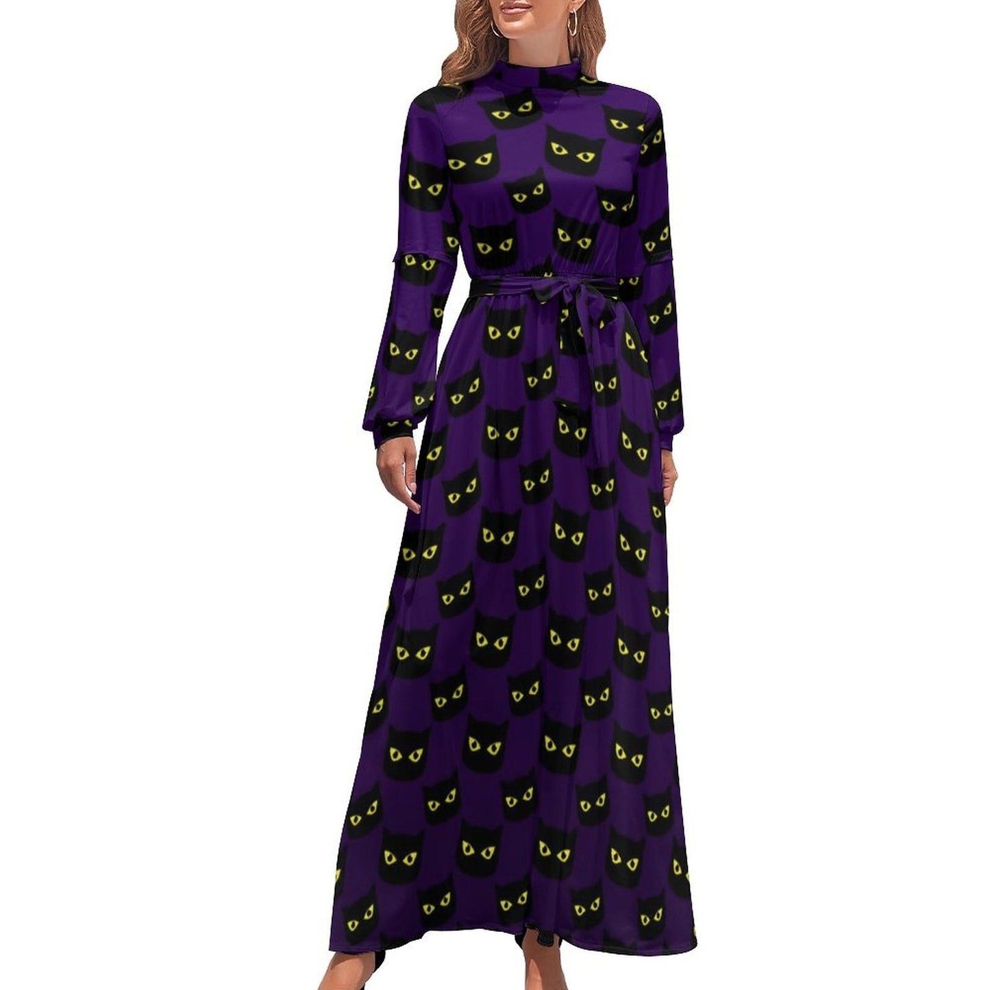 vmtvr - Cute Cats Print Dress Funny Animal Elegant Printed Maxi Dress High Waist Long-Sleeve Street Fashion Bohemia Long Dresses