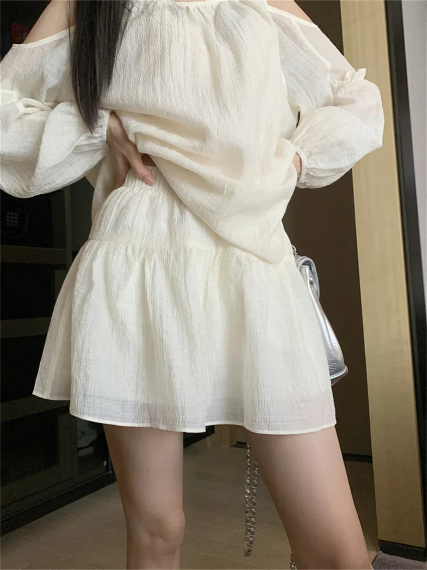 vmtvr Loose-Fitting Women Two Pieces Suits Off Shoulders Blouses Solid New Summer Mini Casual Skirts Streetwear Sets