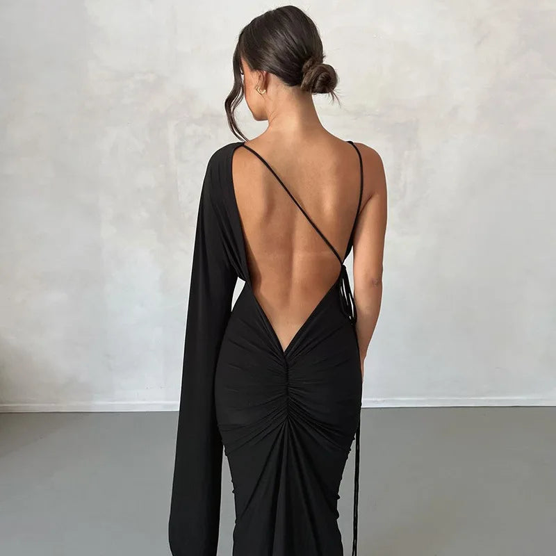 Fashion Draped Deep V Sexy Backless Maxi Dresses Party Club Women Elegant One Shoulder Gown Slip Dresses Ruched