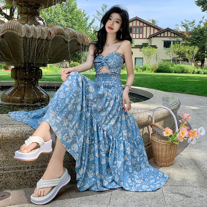 vmtvr Women Elegant Blue Floral Print Sleeveless Backless Long Slip Dress Sexy Summer Sweet Birthday Party Club Pleated Dress Y2k