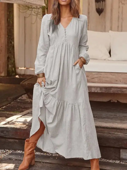 vmtvr  -  Autumn and Winter Women's Clothing V-Neck Button Cotton Linen Retro Casual Long Sleeves Large Swing Long Dresses