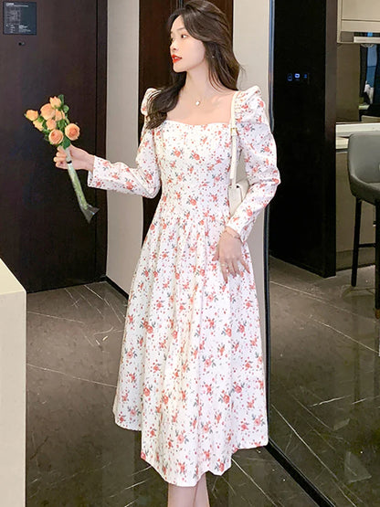 vmtvr 2024 Pink Floral Chiffon Square Collar Sexy Midi Dress Women Boho Fashion Light Casual Dress Autumn Korean Elegant Bodycon Dress