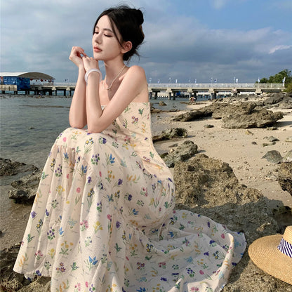 vmtvr  -  Vintage Floral Beach Holiday Long Dresses for Women Summer New Elegant Party Spaghetti Strap Big Hem Casual Female Clothing