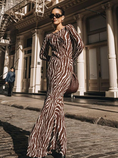 vmtvr - Elegant Zebra Print Maxi Dress for Women Outfits Sexy See Through Long Sleeve Bodycon Club Party Dress  Spring Casual Dress